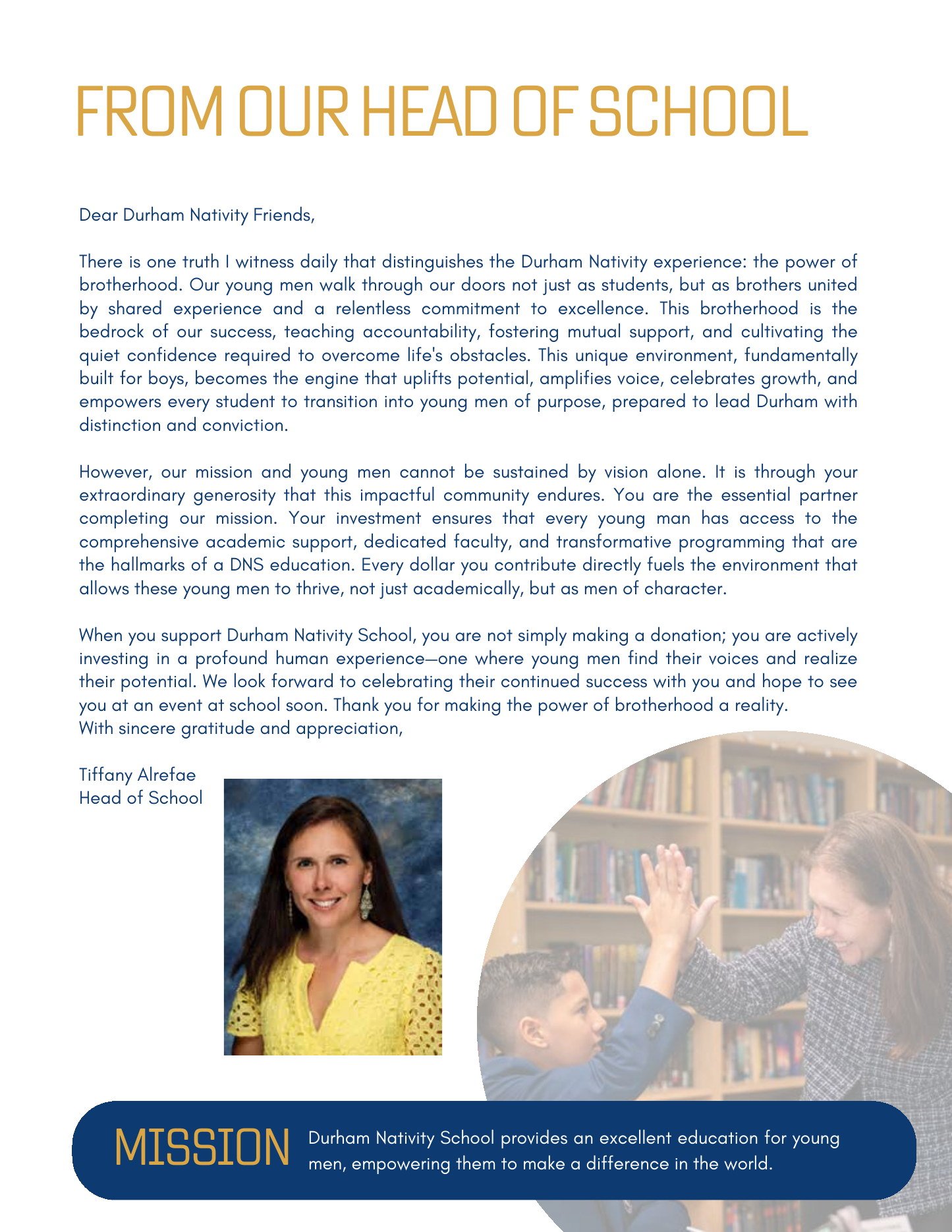 Message from Durham Nativity School Head of School.