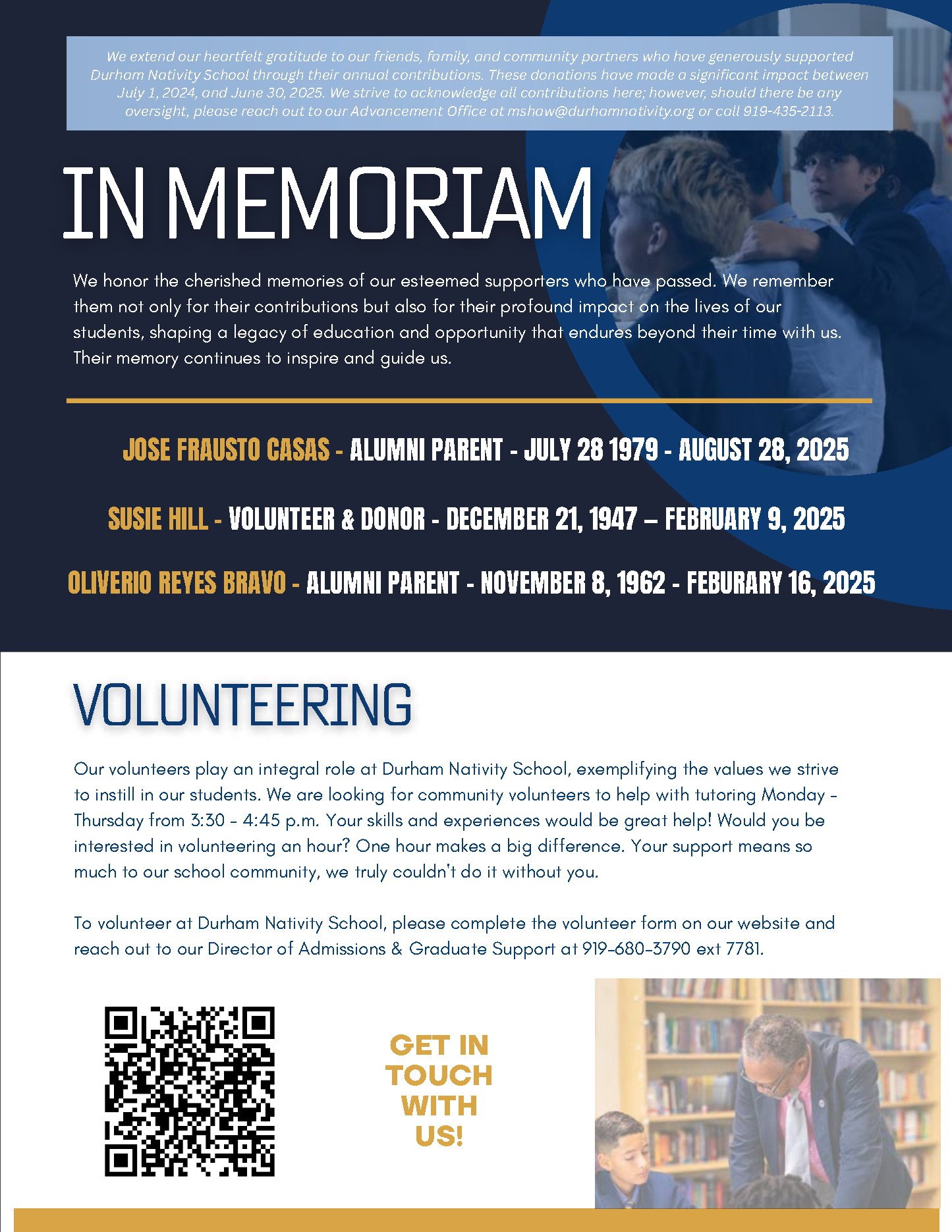 Durham Nativity School In Memoriam and volunteering information.