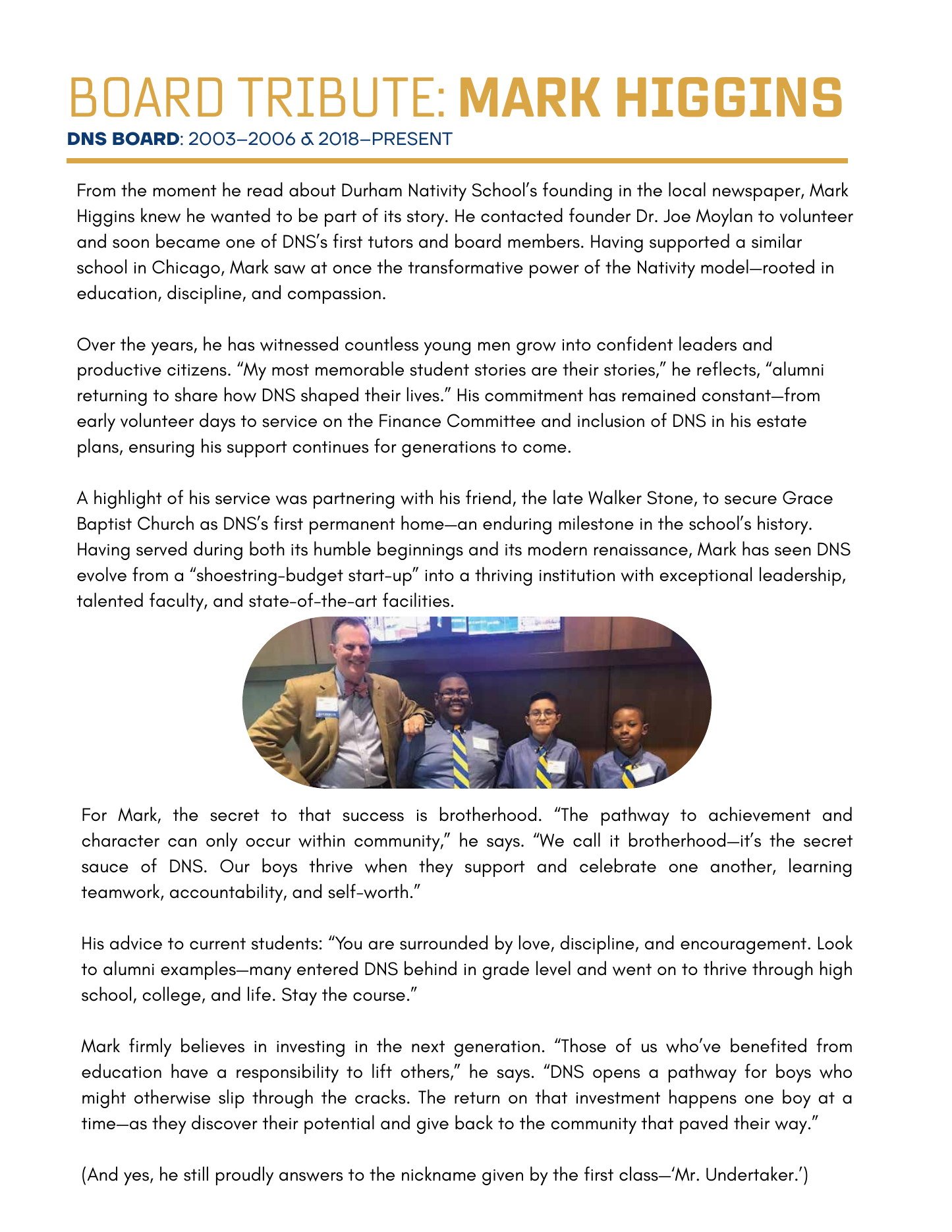 Durham Nativity School Board Tribute.