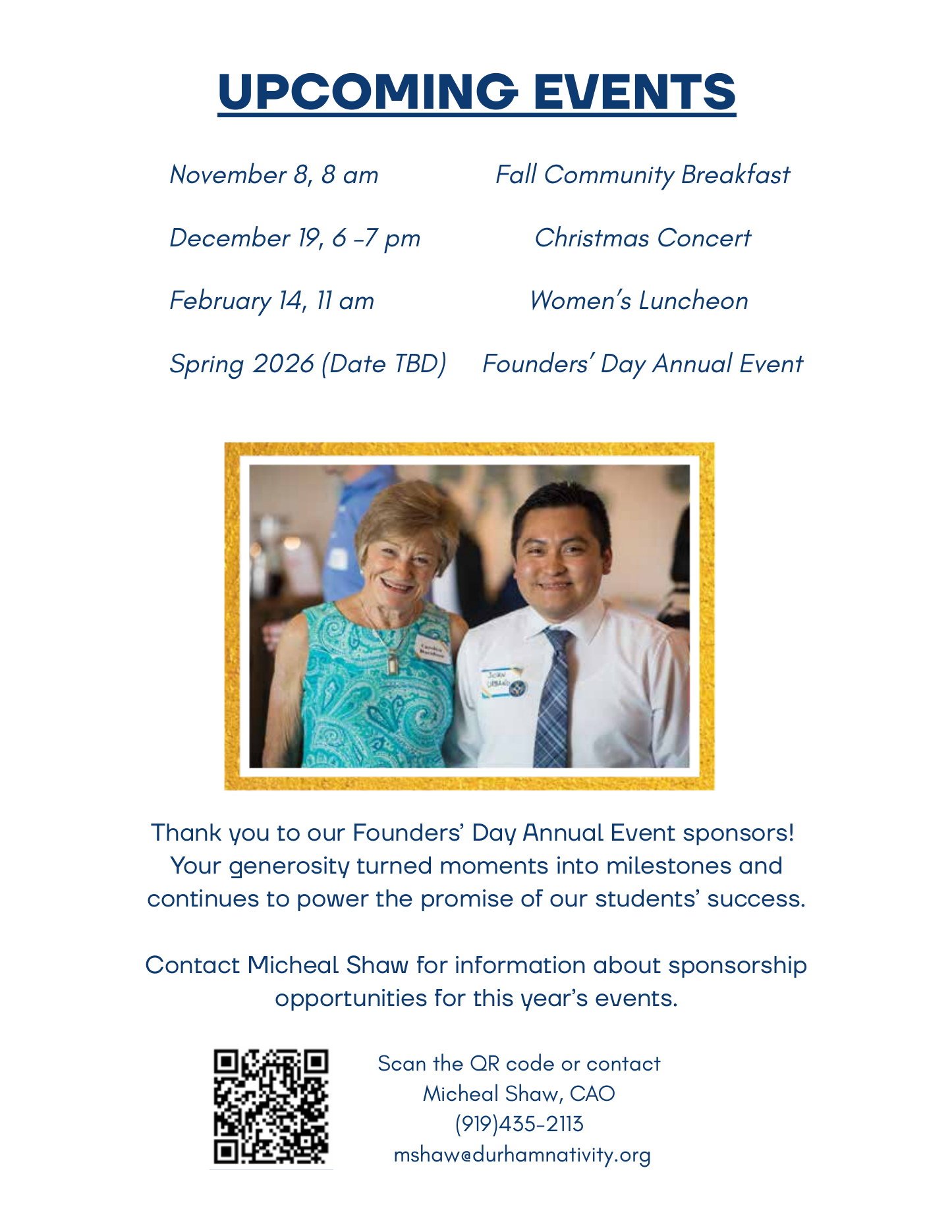 Durham Nativity School upcoming events.