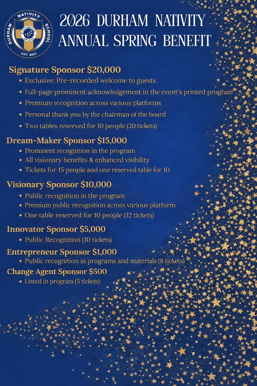 Durham Nativity School 2026 Spring Benefit Sponsorship Tiers